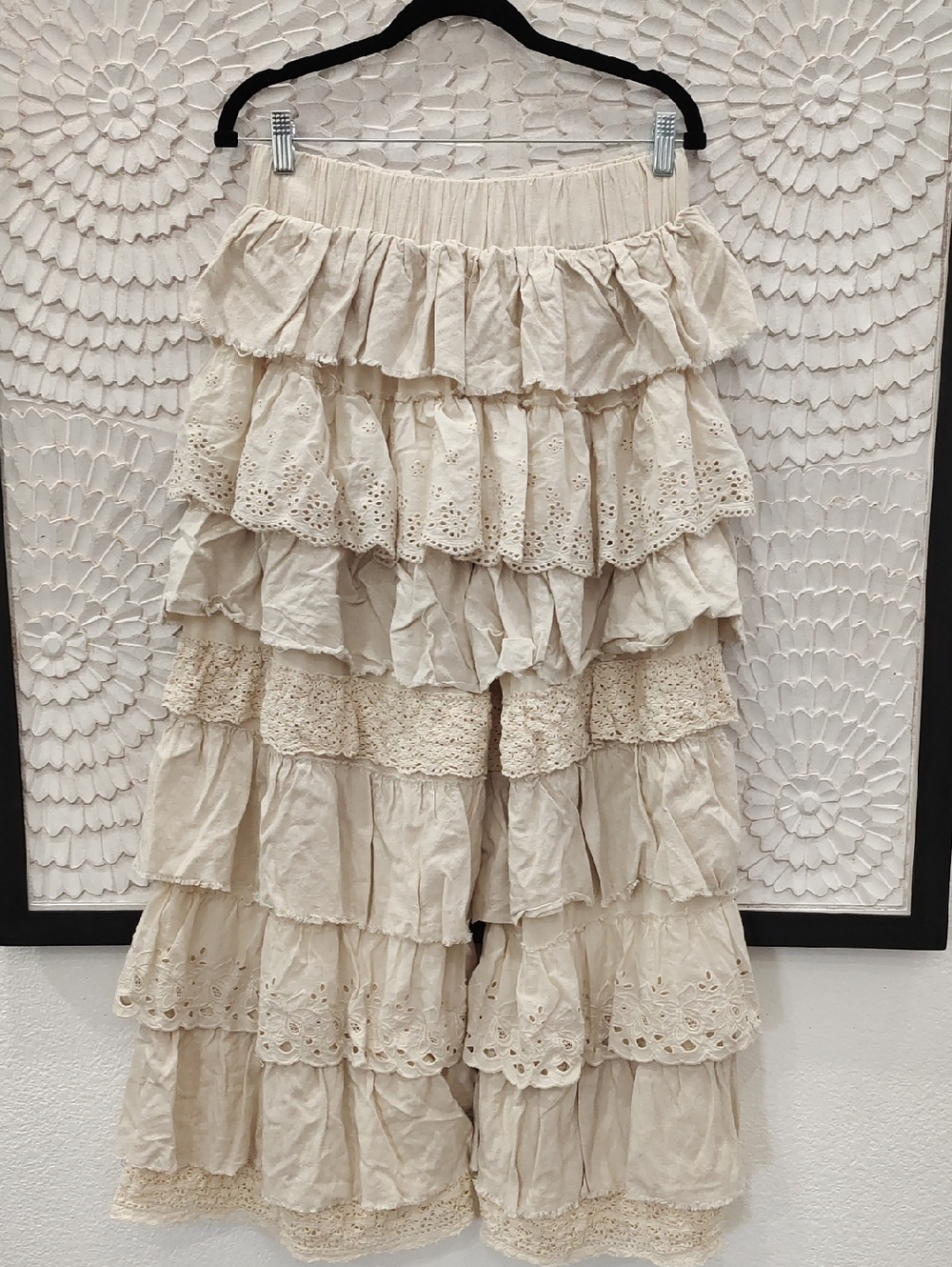 Boho Tiered Ruffle Eyelet Crochet Pants in Beige - Picture 6 of 8